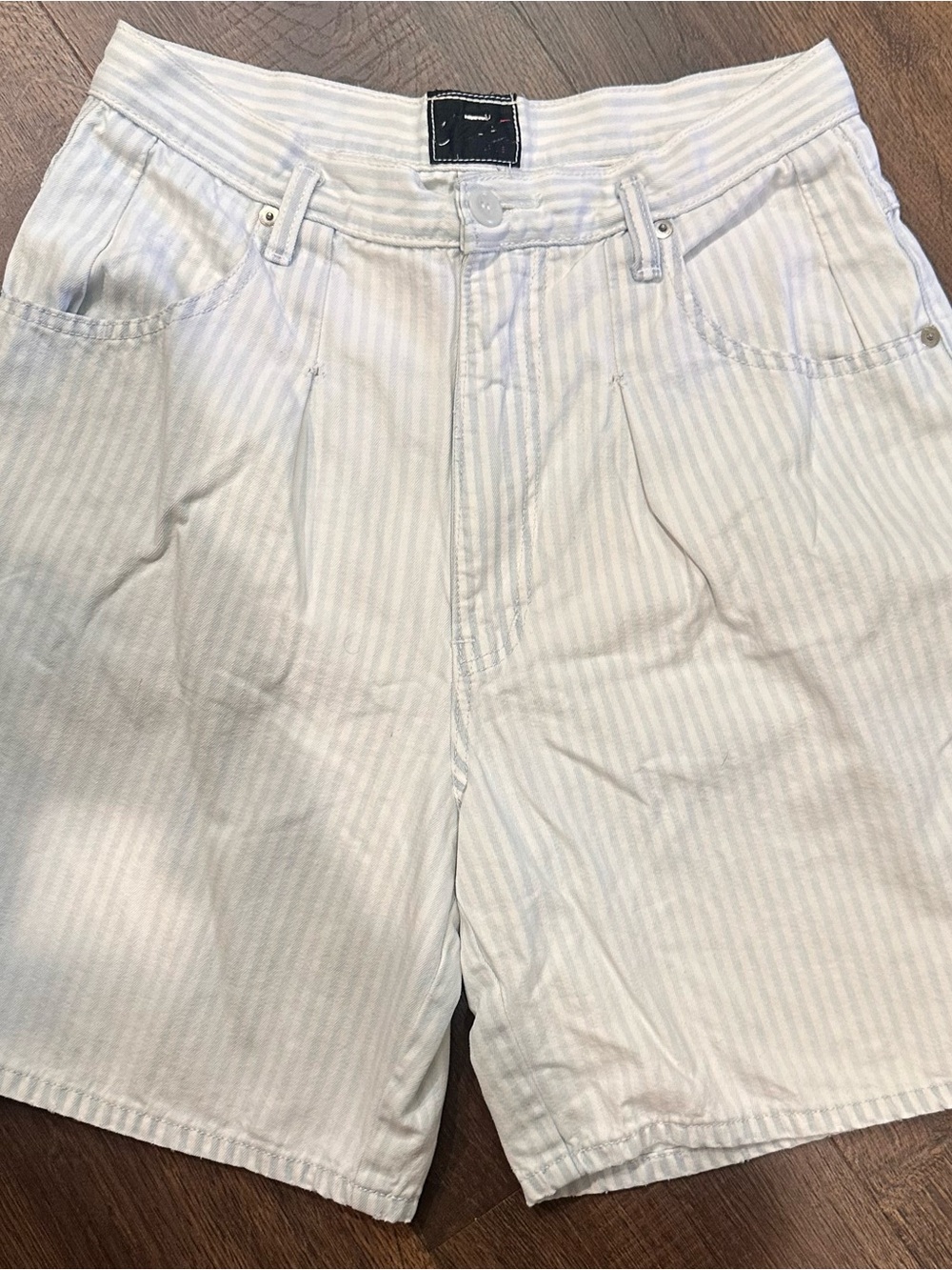 Women Vintage 90s Light Blue & White Striped Casual Shorts